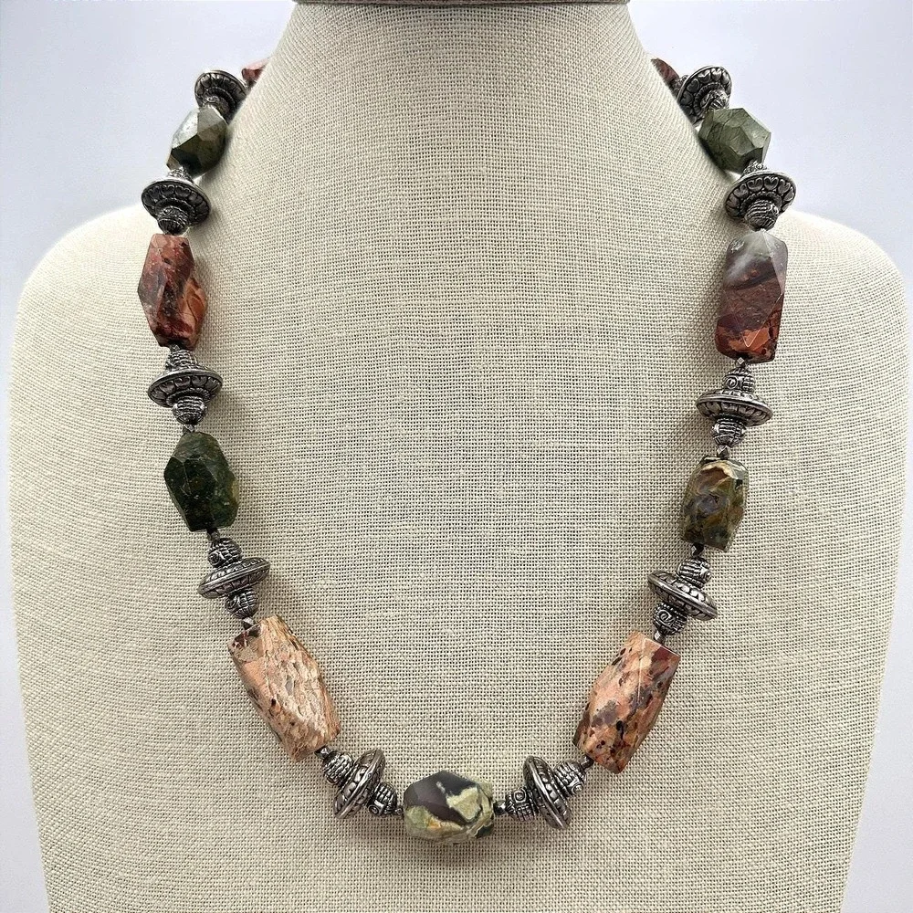 Vintage 80s Leopard Skin Jasper Beaded Statement Necklace Silver Tone‎ Jewelry